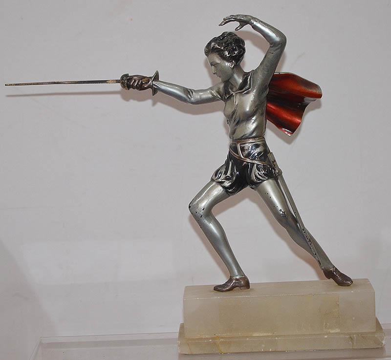 AUSTRIAN 1930's COLD PAINTED WHITE METAL FIGURE OF THE FENCER BY JOSEF LORENZL.
