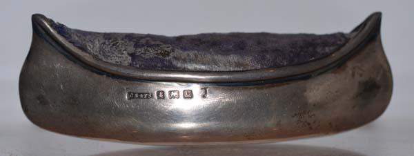 SILVER EDWARDIAN CANOE PIN CUSHION.