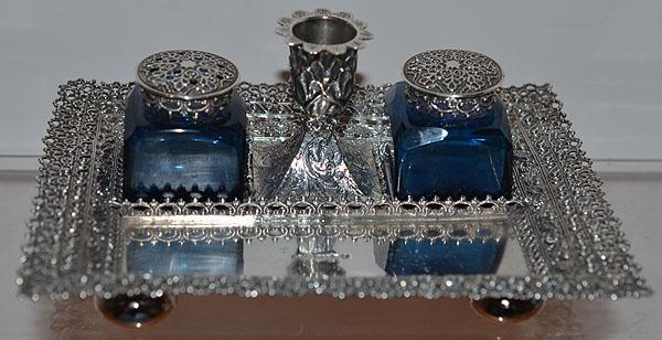 EARLY VICTORIAN SILVER INK STAND WITH BLUE GLASS BOTTLES.