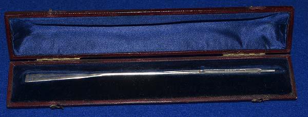 MINIATURE VICTORIAN NOVELTY SILVER BOATING OAR IN PRESENTATION CASE.