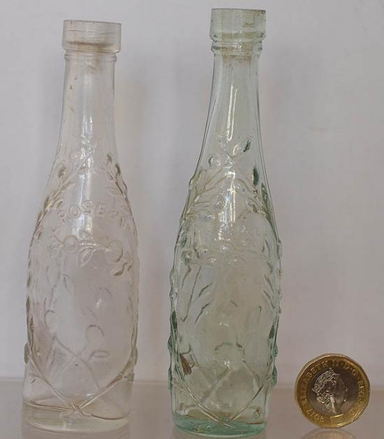 PAIR OF LATE VICTORIAN MINIATURE ROSE CORDIAL BOTTLES.