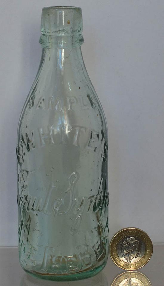 MINIATURE LATE VICTORIAN R.WHITES MINERAL WATER BOTTLE.