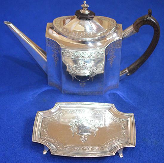 GEORGE THE THIRD ENGLISH TEA POT AND STAND DATED 1794