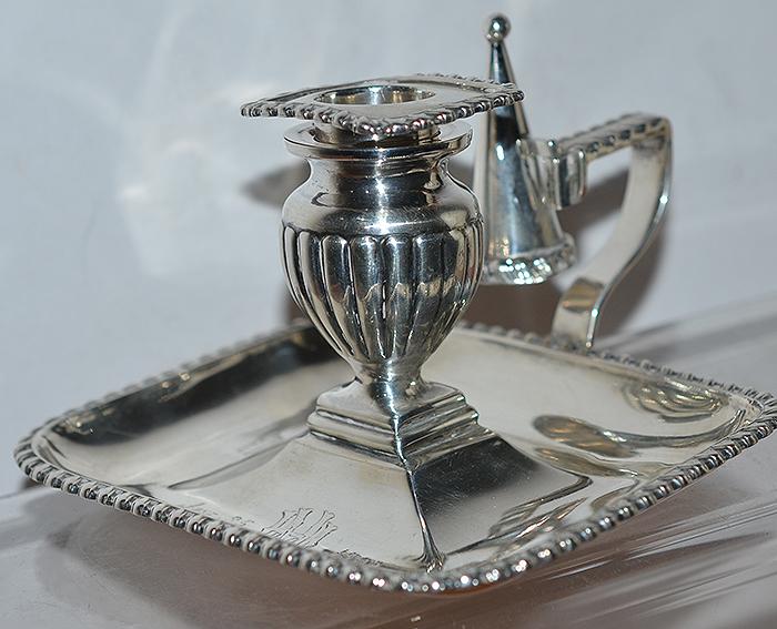 SILVER EDWARDIAN CHAMBERSTICK AND SNUFFER.