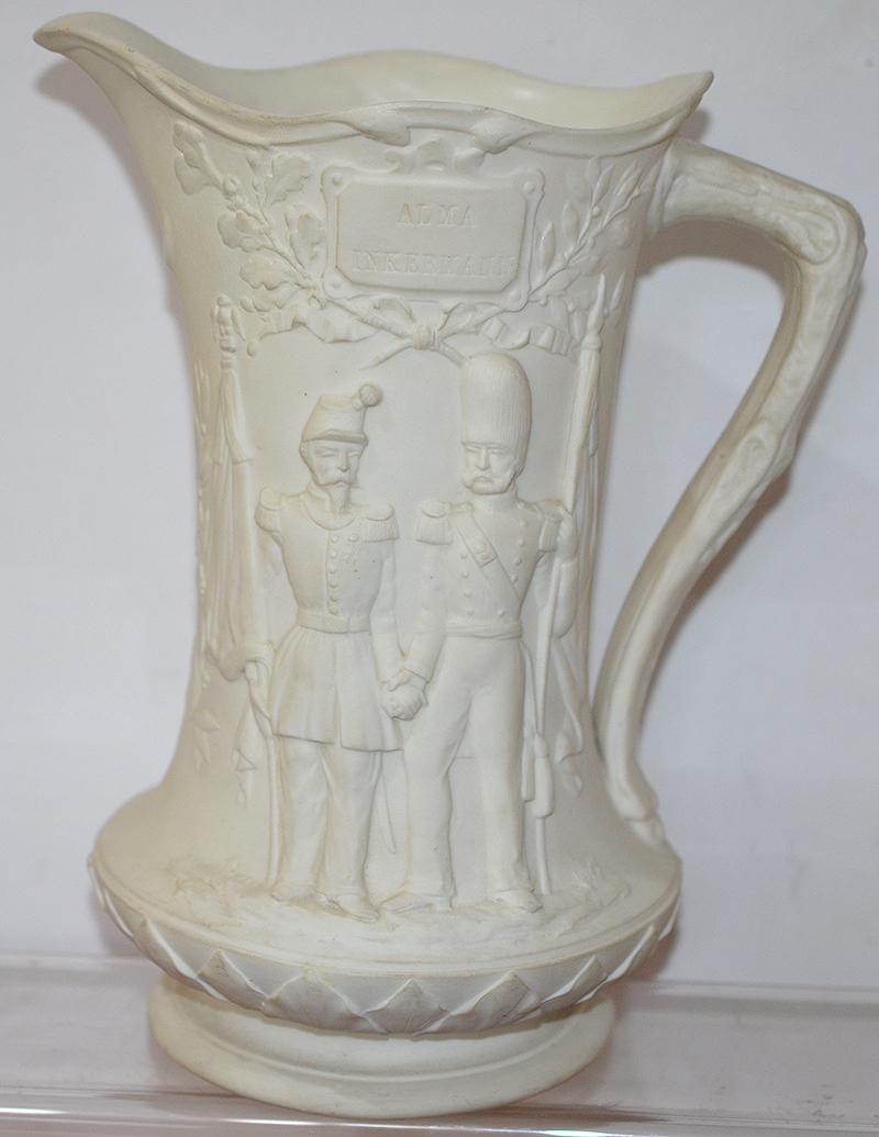 ANTIQUE BRITISH WHITE CERAMIC JUG COMEMORATING THE CRIMEA WAR.