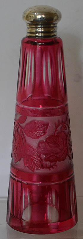 LARGE RUBY GLASS SILVER TOPED SCENT BOTTLE.